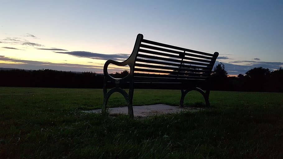 park bench, sunset, landscape, silhouette, grass, sky, tranquility, nature, plant, seat