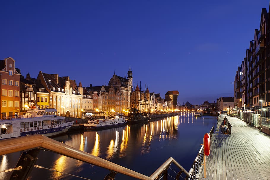 gdańsk, gdansk, polônia, rio, noite, monumentos, arquitetura, cidade, turismo, monumento