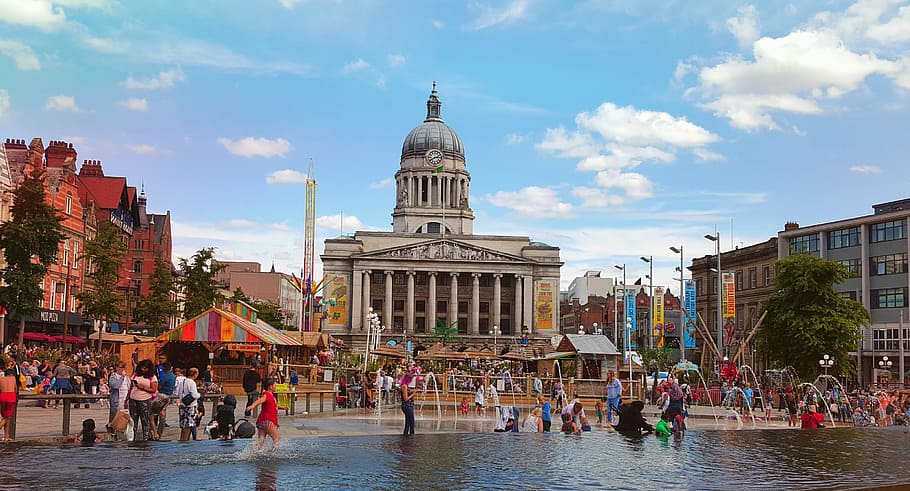 people, water, concrete, building, daytime, nottingham, town hall, market, market square, fountain
