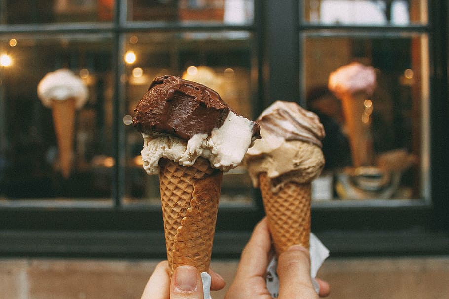 persons, holding, two, chocolate ice creams, ice, cream, cone, chocolate, mocha, ice cream