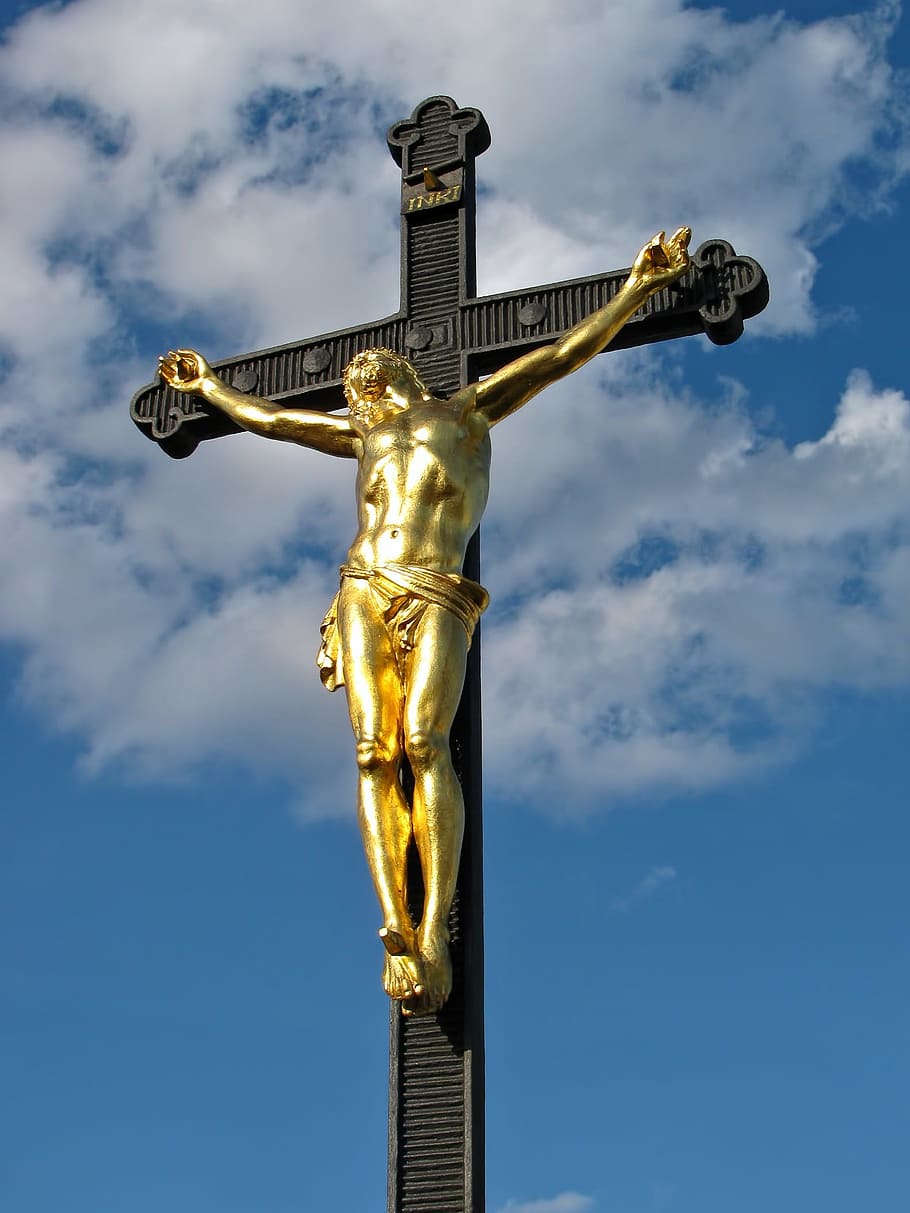 gold crucifixion statue, daytime, Jesus, Christ, Christianity, Catholic, jesus, christ, church, cross, crucifix