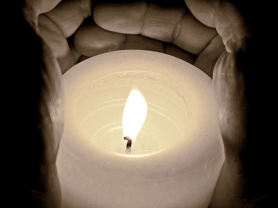 person, holding, pillar candle, candle, light, burn, flame, dark, hands, protection