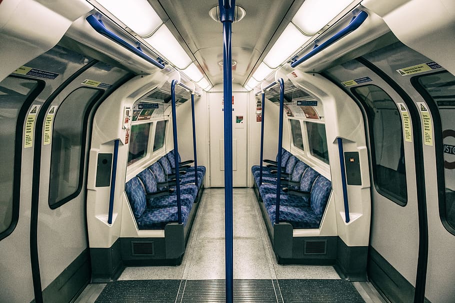 tembakan sudut lebar, interior, kereta api, london, bawah tanah, Wide-angle, tembakan, London Underground, perkotaan, metro