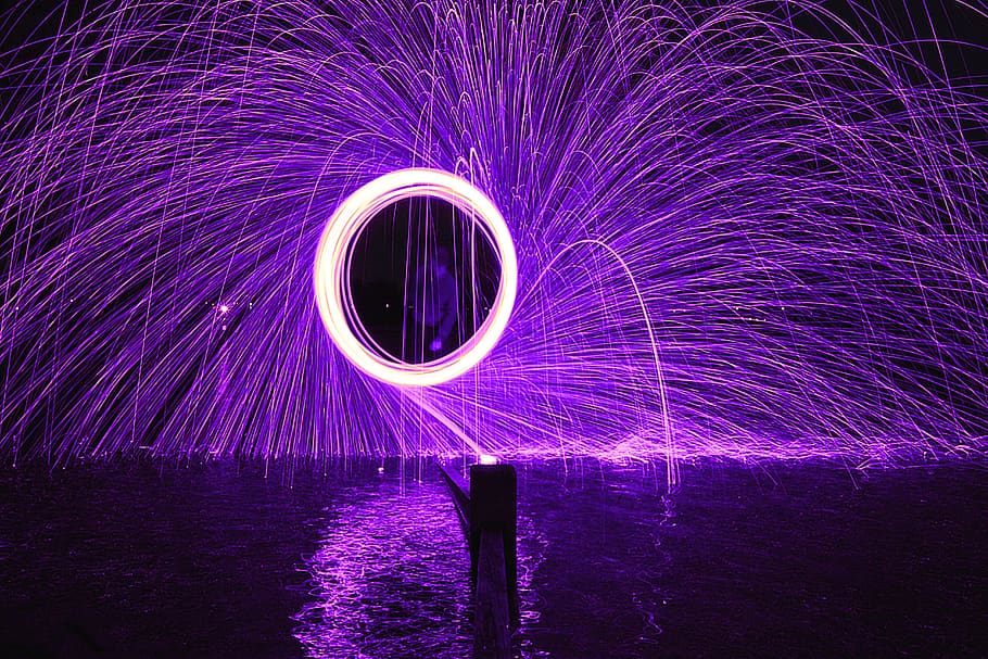 steel wool photography, photography, steel wool, wool, night, fire, circle, motion, fireworks, light