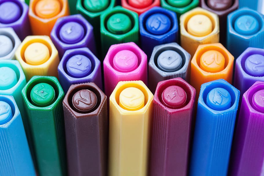 assorted-color pen lot, colored pencils, felt tip pens, color, crayons, pens, colorful, draw, fine liner, closure caps