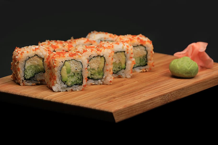 sushi, brown, wooden, chopping, board, maki, japanese, fish, seafood, food and drink
