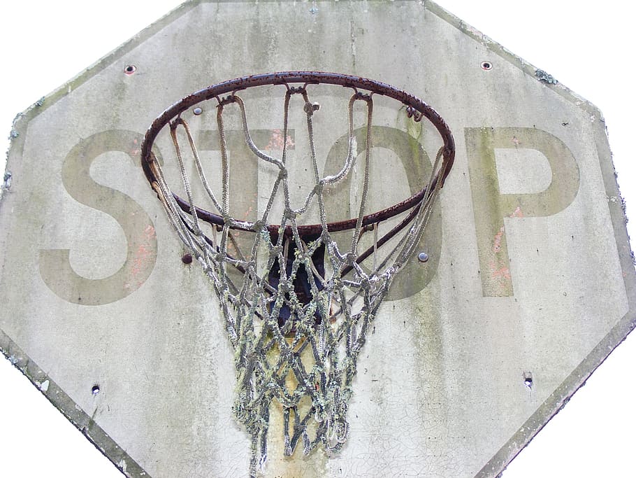 closeup, white, red, basketball hoop, stop, signage, basketball, ball, nba, sport