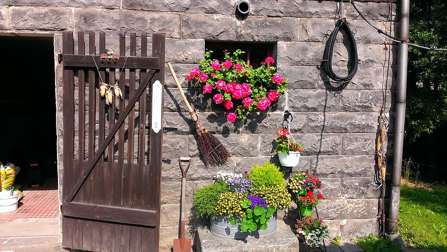 gray, brick wall, flowers, wooden, gate, door, farmhouse, barn, stall, chicken coop door