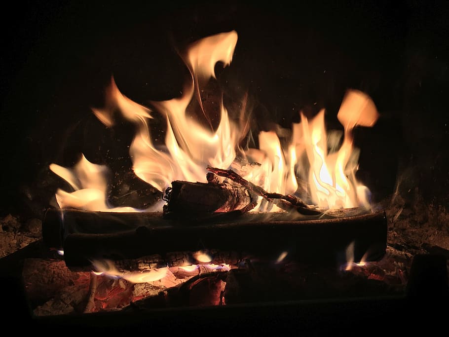 bonfire, fire, winter, hot, fireplace, mood, light, yellow, oil lamp, love