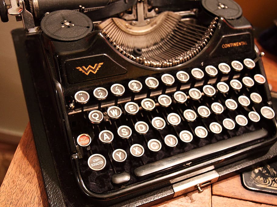 Primer plano, foto, continental, máquina de escribir, negro, alfabeto, antigüedad, carácter, equipo, clave