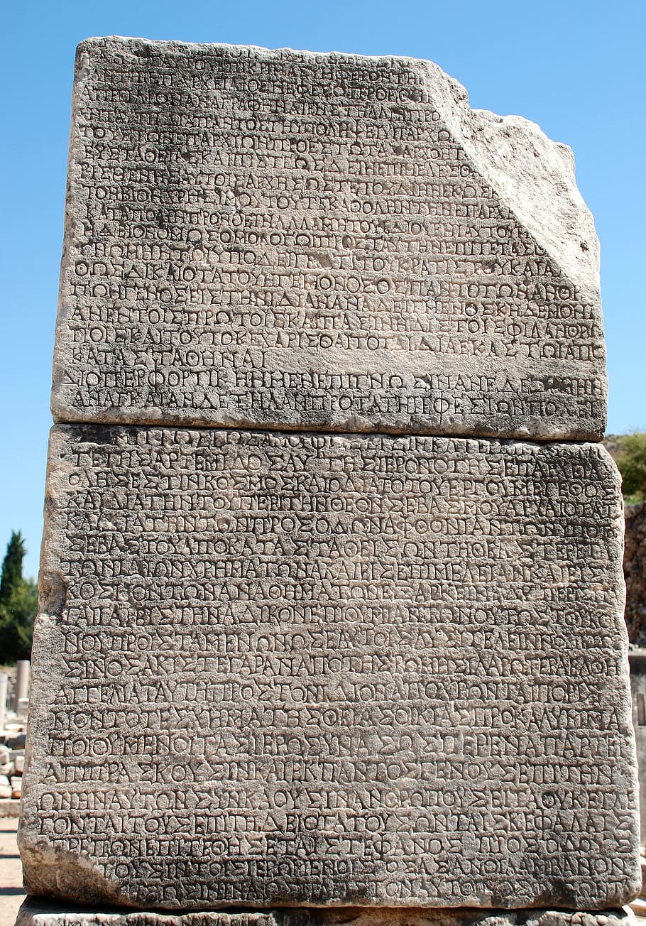 stone, greek, old, writing, recorded, registration, ephesus, turkey, travel, architecture