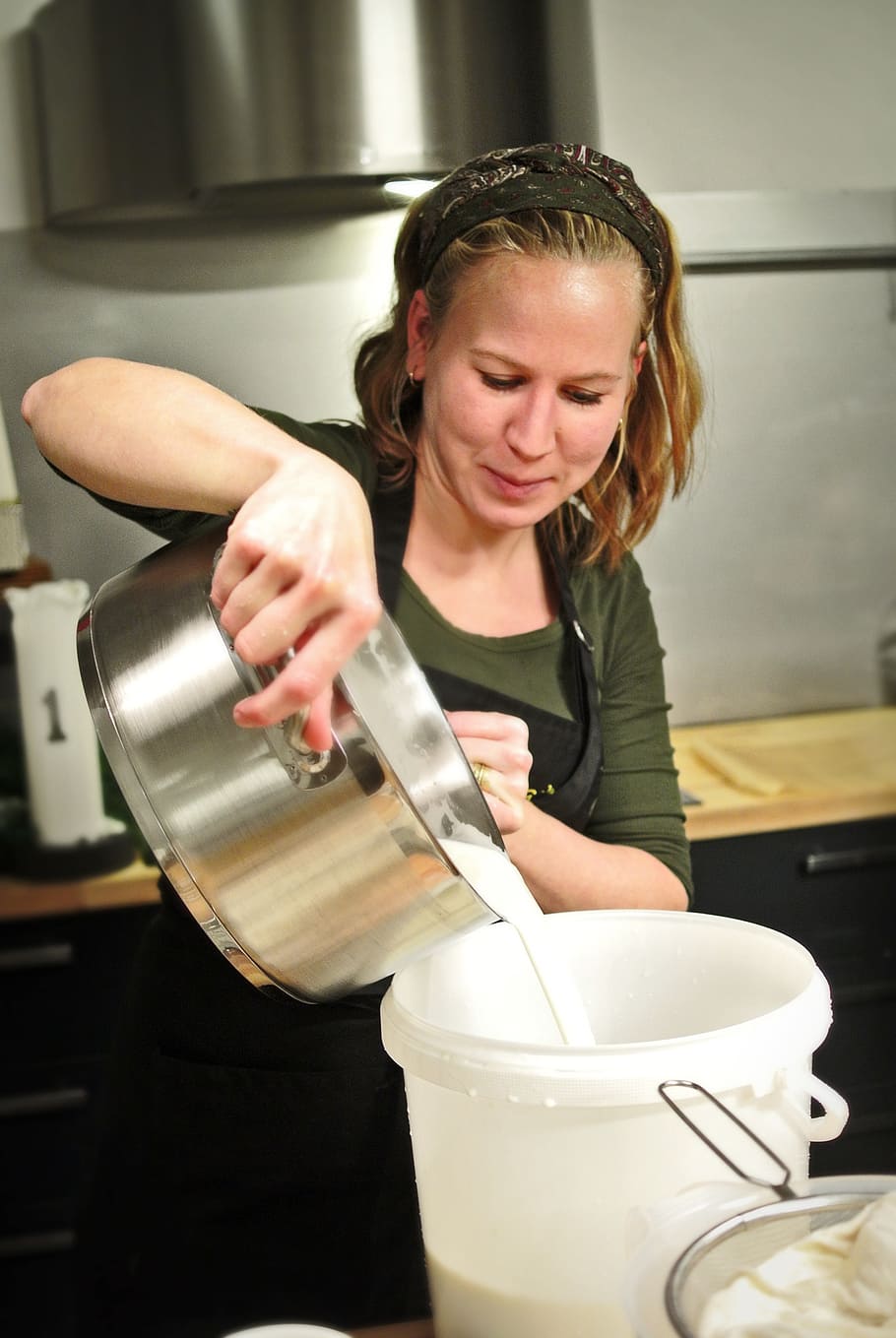 woman, pouring, white, liquid, bucket, cheese, chef, course, organic, food