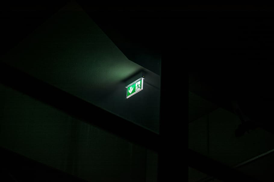 green, white, exit signage, exit, sign, emergency, emergency exit, dark, night, illuminated