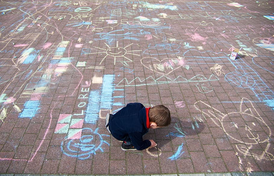 children, signs, play, outdoor, chalk, child, colors, high angle view, city, footpath