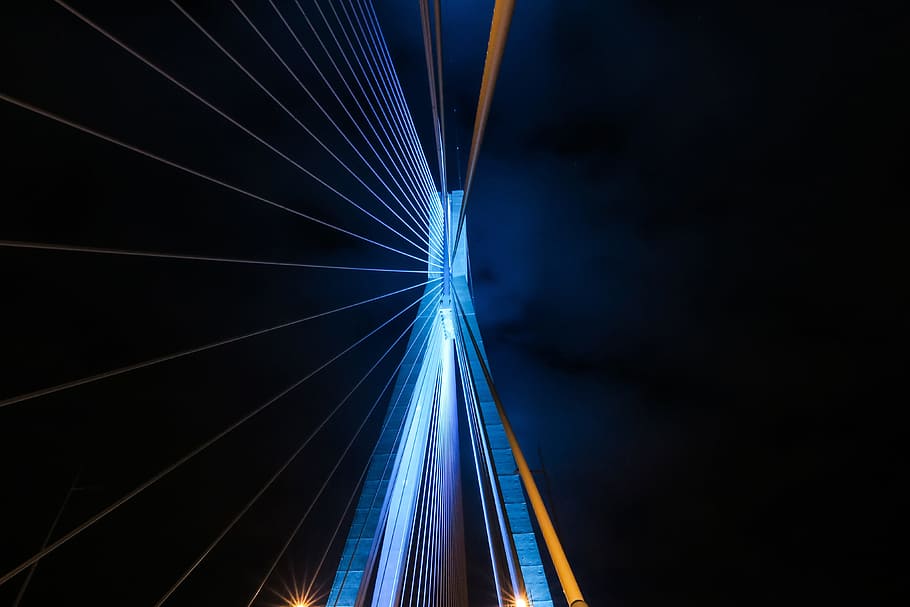 detalhes de arquitetura, ponte, noite, resumo, arquitetura, detalhes, à noite, iluminado, azul, brilhando