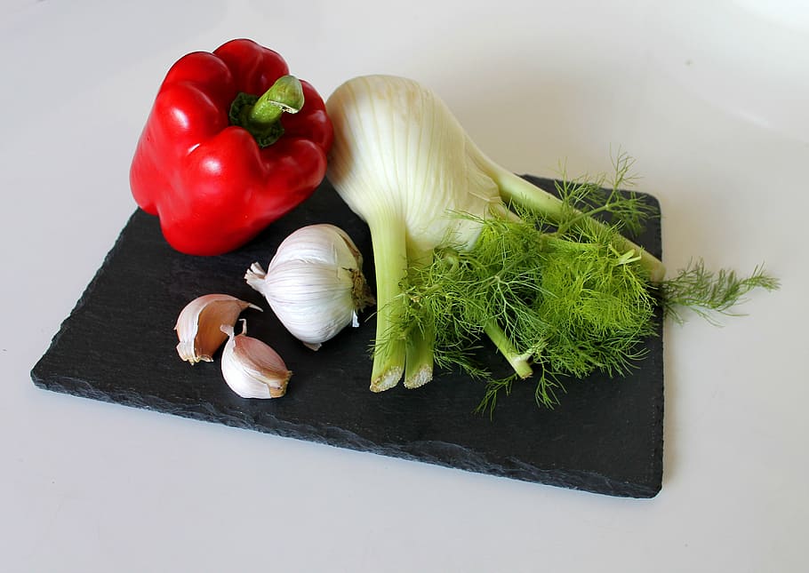 vegetables, pepper, fennel, food, garlic, green, red pepper, onion, vegetable, freshness