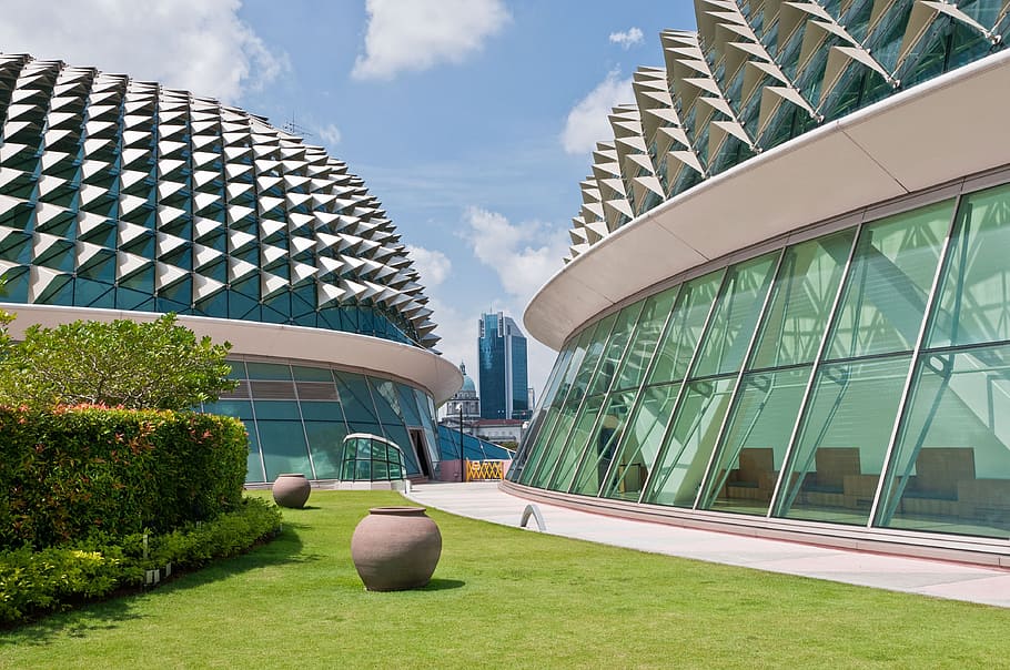 건축물, 현대, 하늘, 유리, 창문, 싱가포르, 에스플러네이드, 두리안, 둥근 천장, 아시아