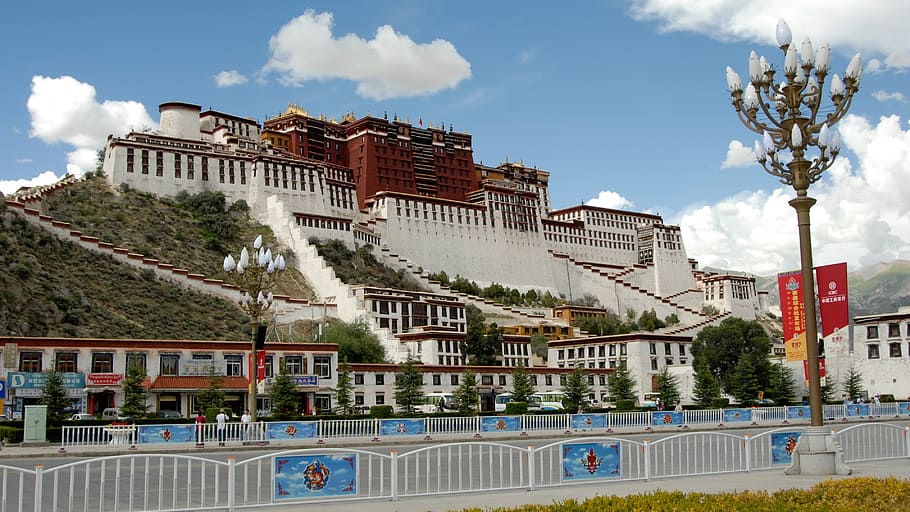 putih, merah, benteng, di samping, abu-abu, jalan, tibet, lhasa, biara, istana potala