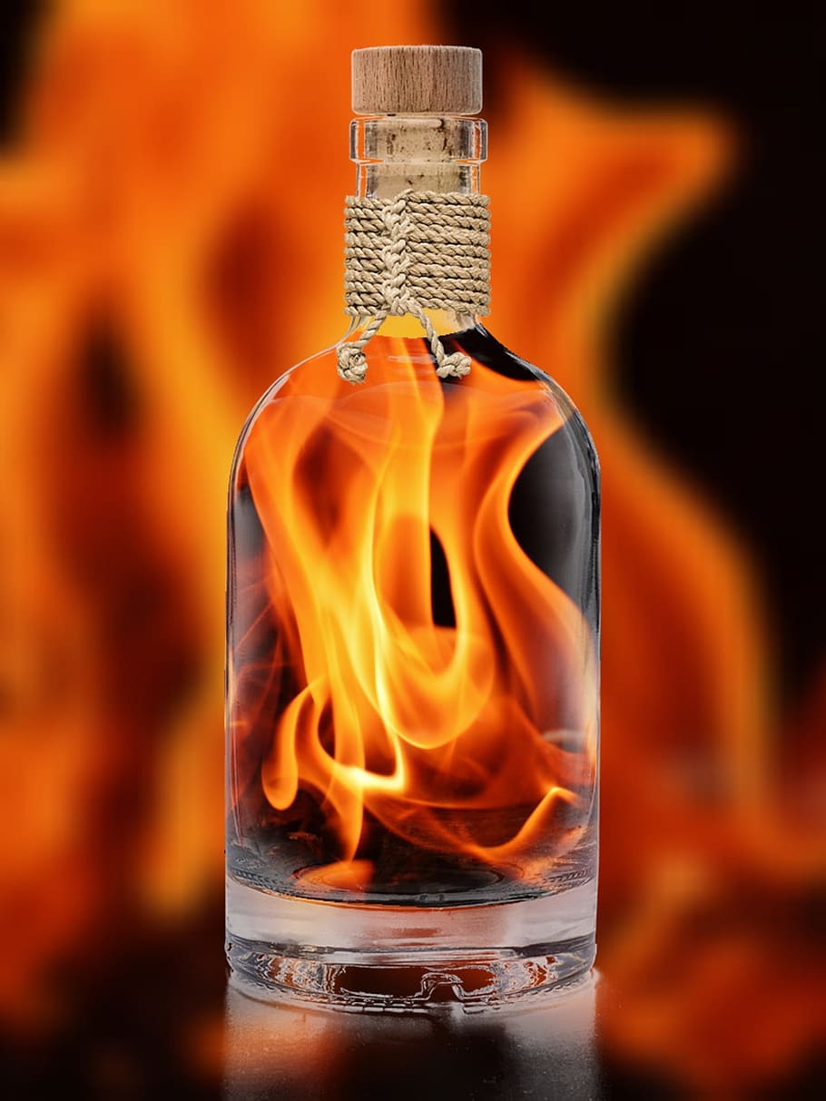 claro, botella de vidrio, fuego, foto lateral, llama, brasas, botella ardiente, caliente, quemadura, fogata