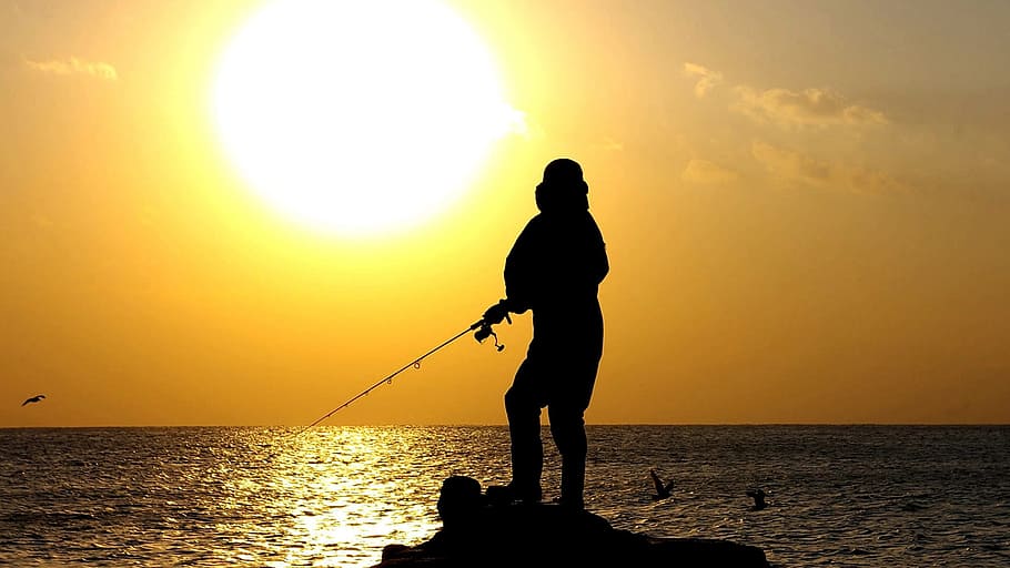 mar, fishing, sol, silhouette, sky, water, sunset, sea, horizon over water, orange color