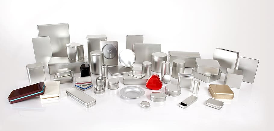 cosmetic container lot, tin cans program, metal cans supplier, manufacturing stamping, metal packaging, tinplate packaging, large group of objects, technology, three dimensional, studio shot