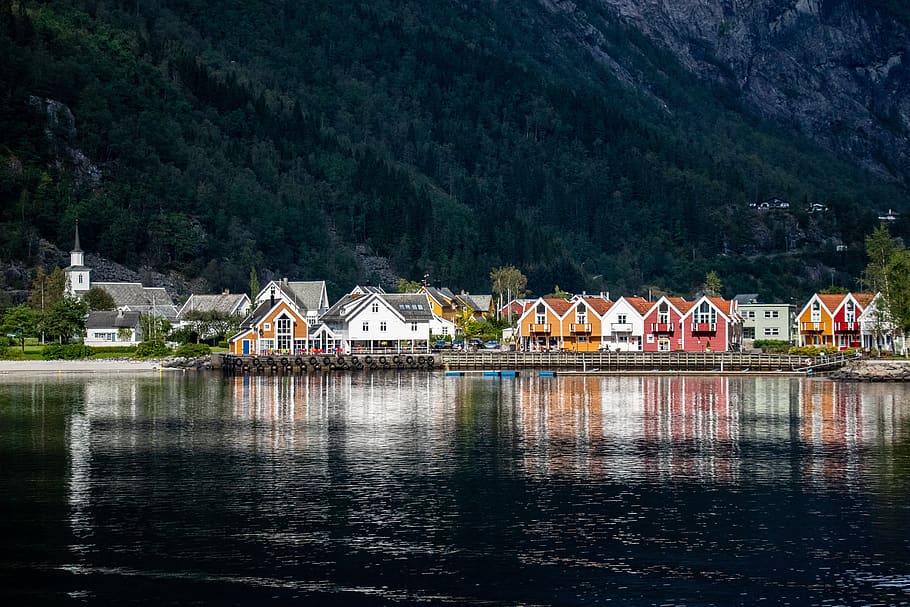Noruega, montañas, barco, fiordo, agua, pueblo, color, gira, Escandinavia, Europa