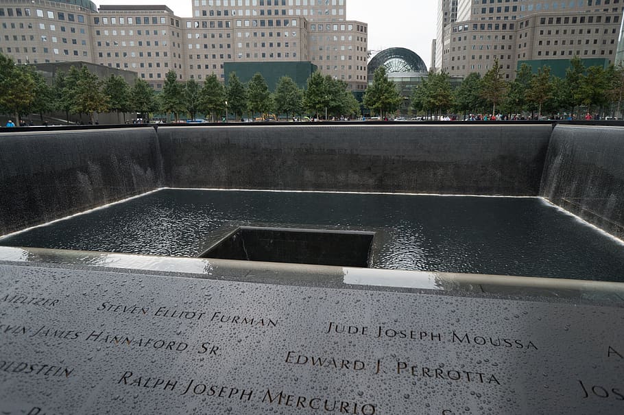 september 11, memorial, ground zero, nyc, new york city, architecture, built structure, water, building exterior, text