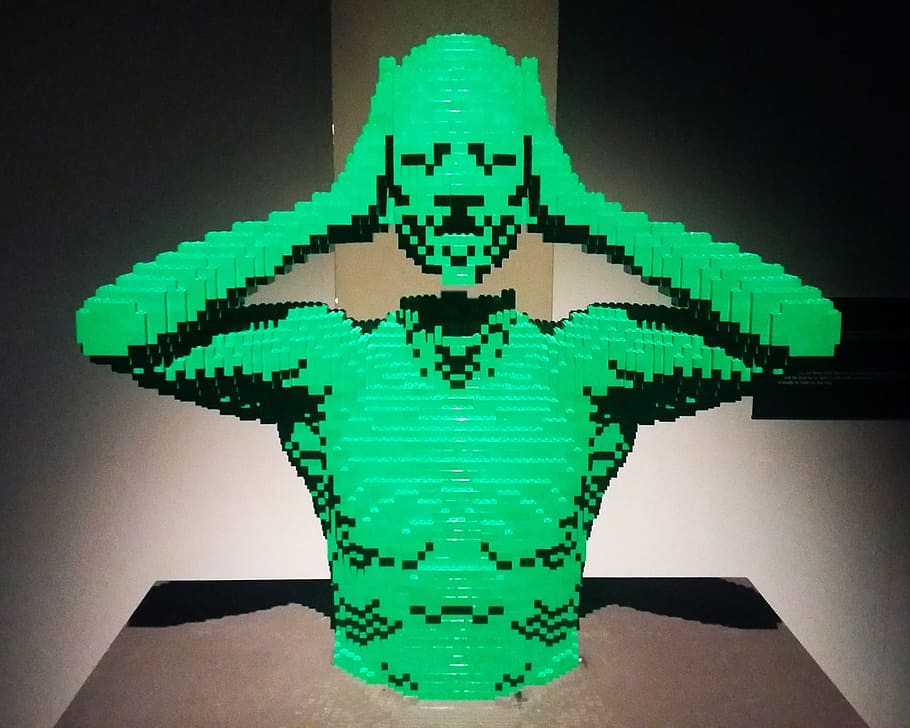 person, holding, head hologram, Art, View, Nathan Sawaya, Lego, Bricks, sculpture, mind
