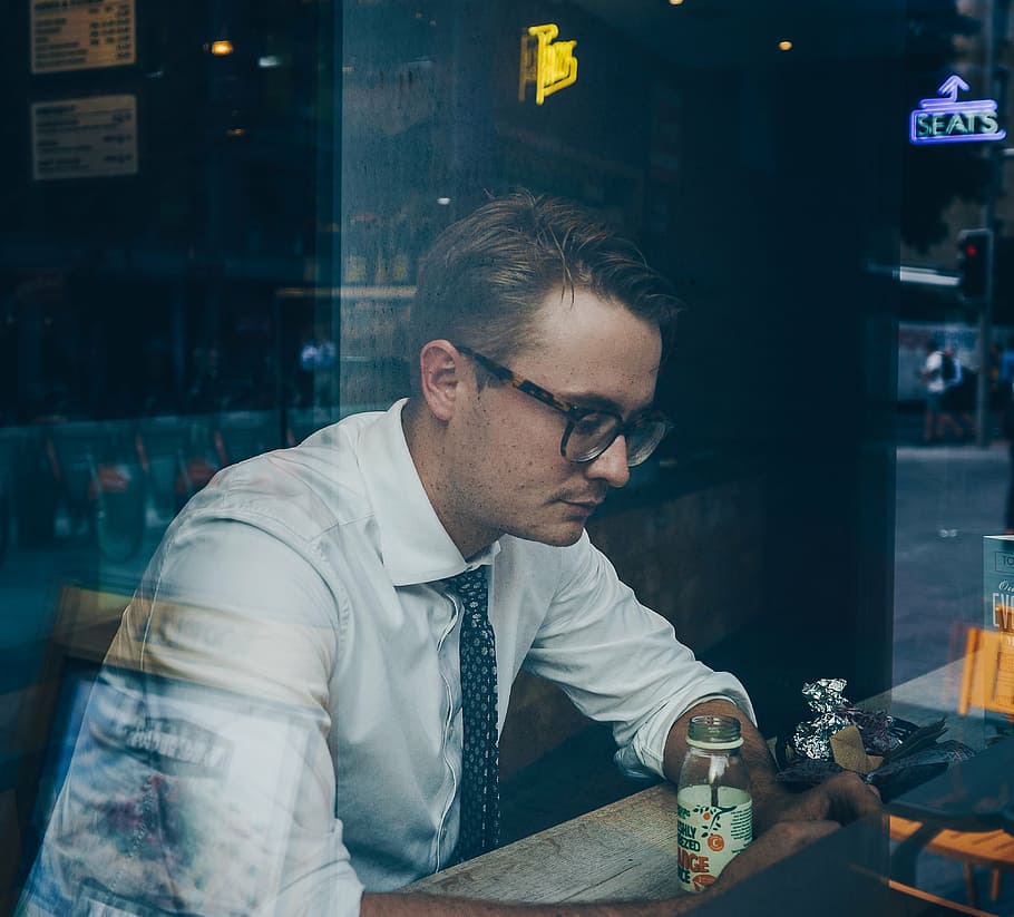 man, sitting, front, table, guy, fashion, eyeglasses, alone, glass, reflection