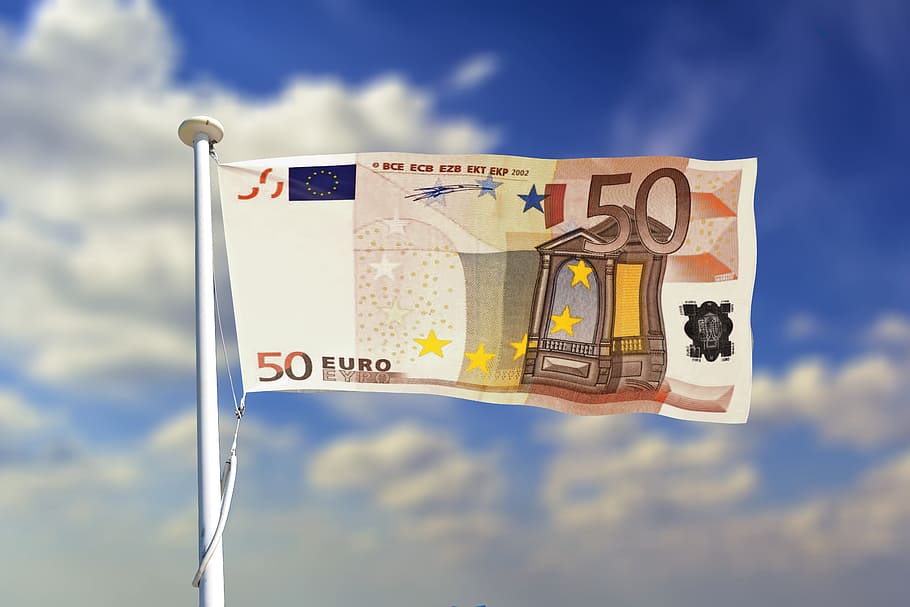 Bandera de billetes de 50 euros, editado, fotografía, banner, encabezado, euro, bandera, europa, moneda, dinero