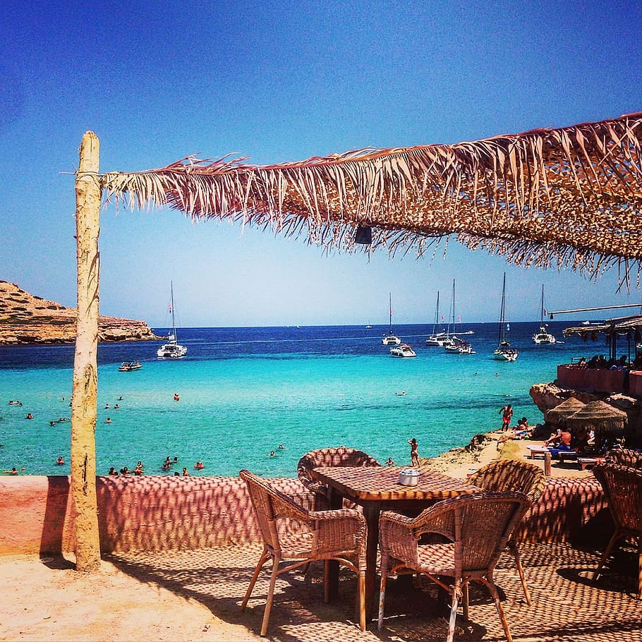 sea, beach, ibiza, restaurant, chair, straw, water, sky, nature, blue