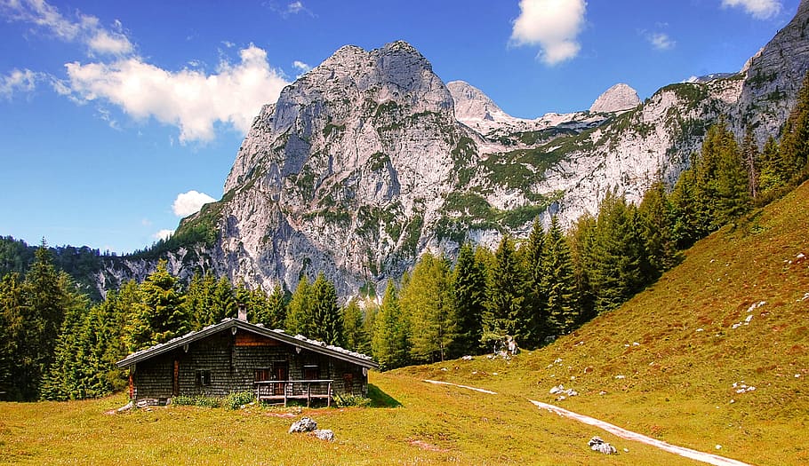 brown, house, mountain, Alpine, Bavaria, Ramsau, Mountains, nature, landscape, view