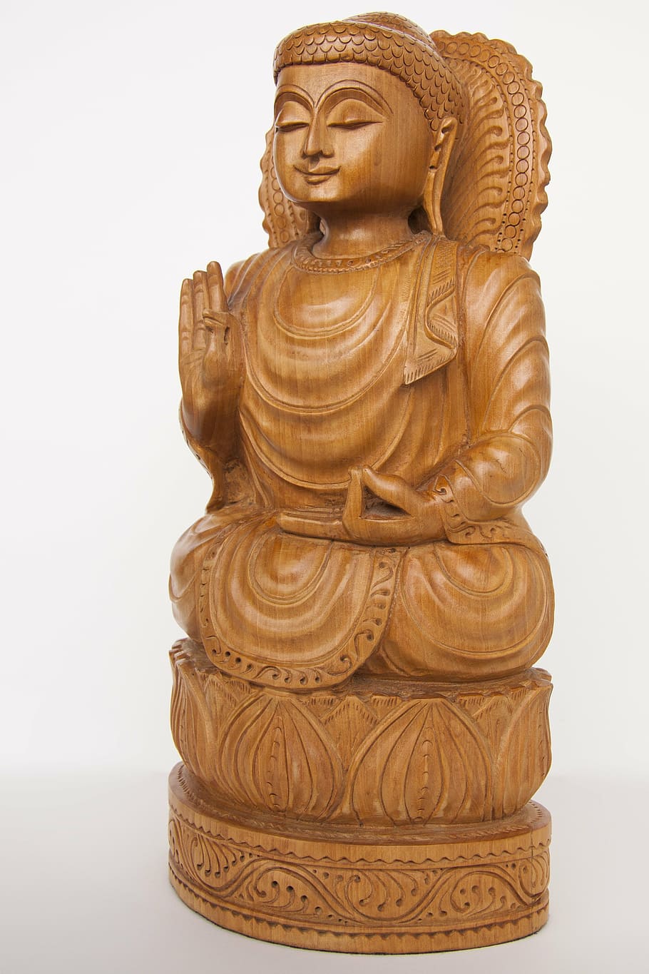 coklat, abhaya mudra figurine, seni, asia, buddha, tersenyum, patung, tokoh, dewa, kayu