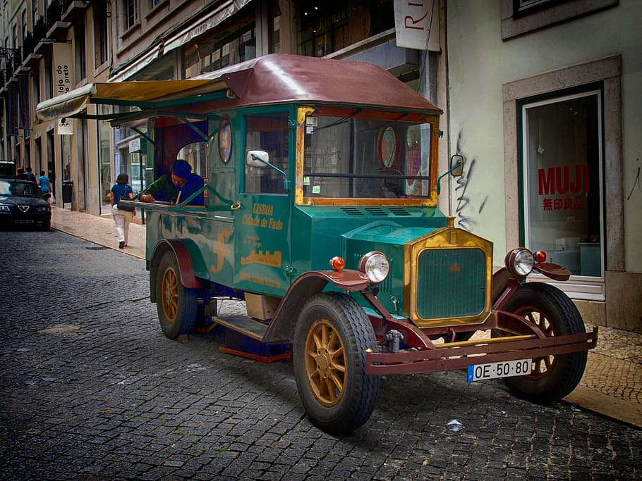 portugal, truck, vehicle, transportation, street, buildings, oldster, antique, classic, vintage