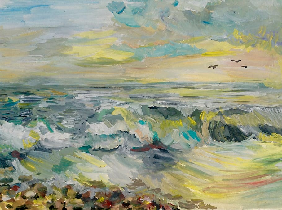 multicolored, abstract, fluid painting, figure, gouache, paint, sea, beach, surf, sunset