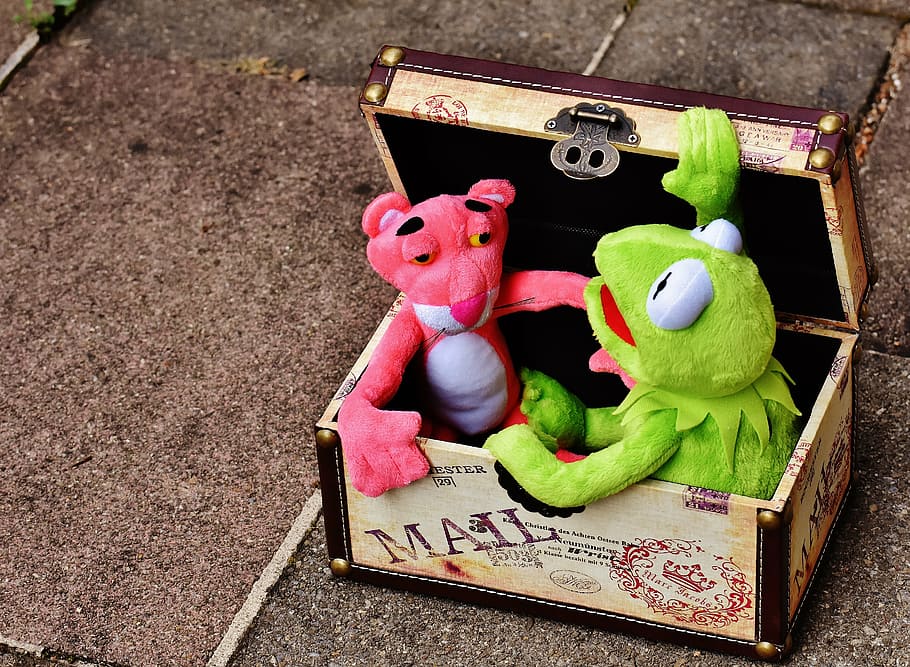 mainan mewah, kermit, panther merah muda, mainan, kotak, dada, koper menyenangkan, lucu, bermain, boneka binatang