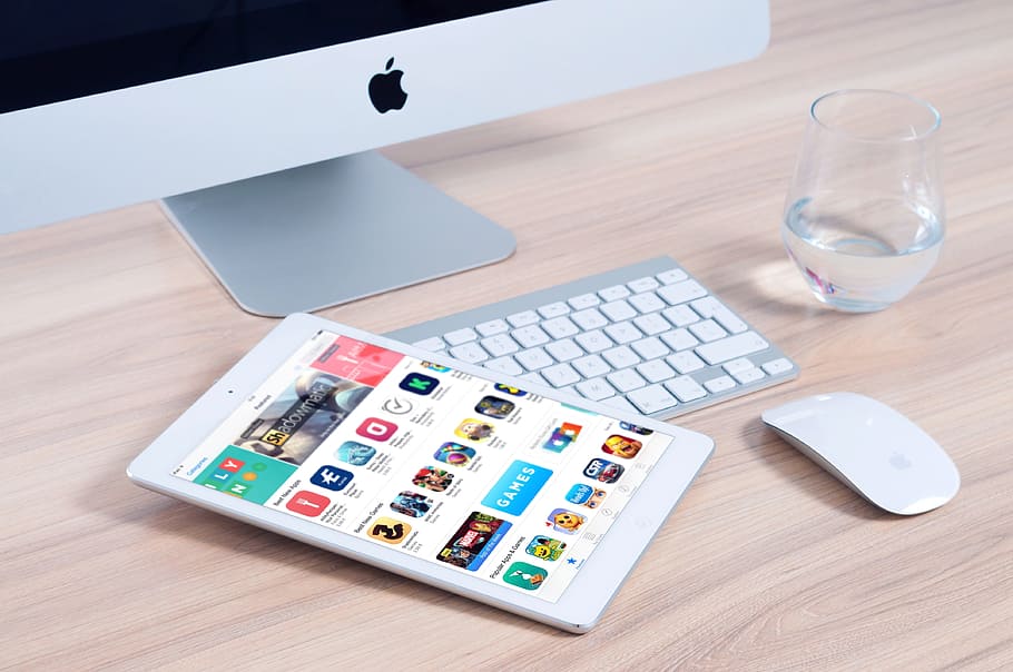 white, ipad mini, silver apple keyboard, imac, apple, mockup, app, ipad, mouse, device
