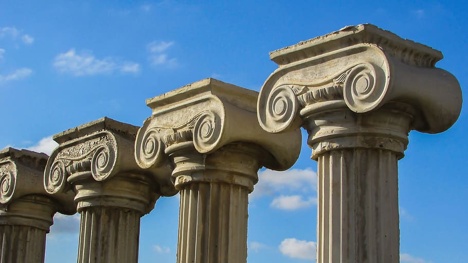 four, columns, cloudy, day, pillar capitals, greek, architecture, column, ionic, elegance