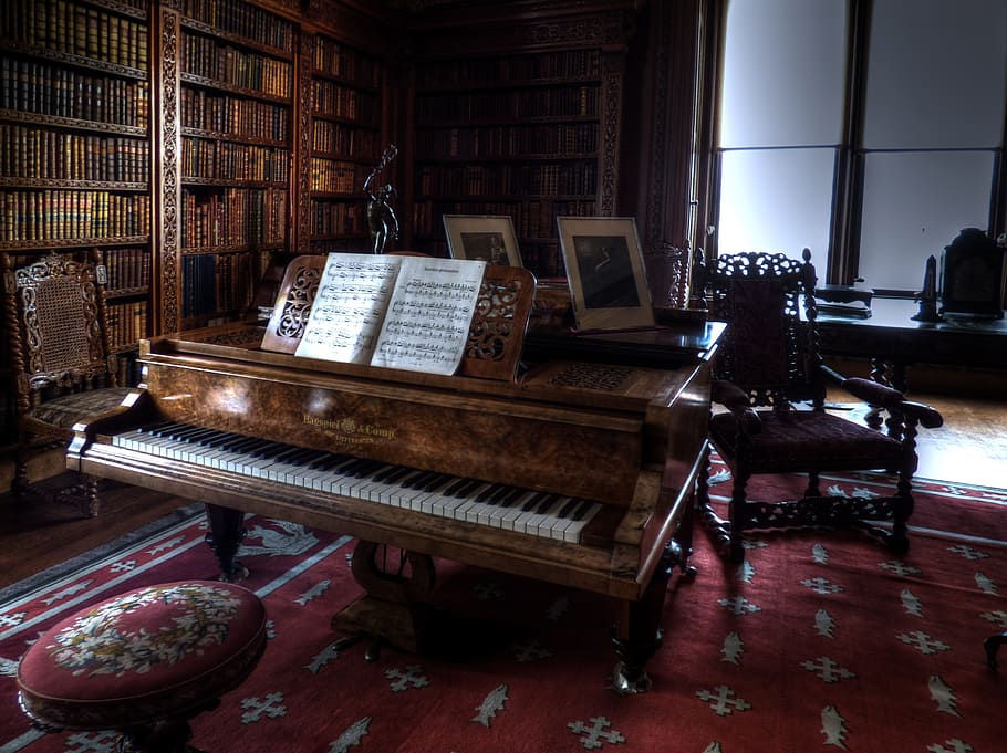 grand, piano, book shelf, chair, room, old, architecture, aged, wooden, wood