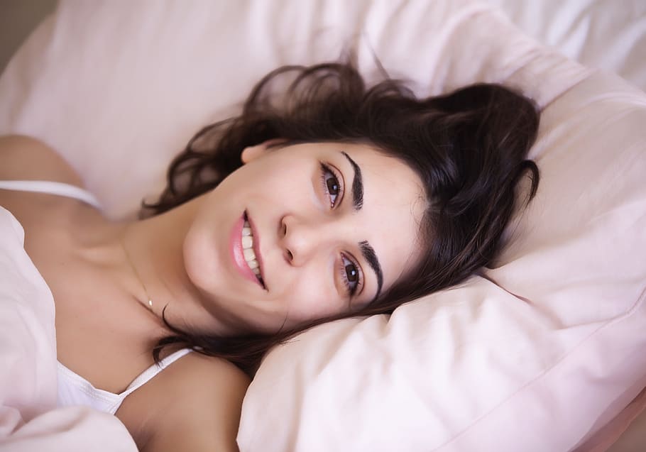 woman, lying, bed, wearing, white, spaghetti-strap, top, read, pillow, awakening
