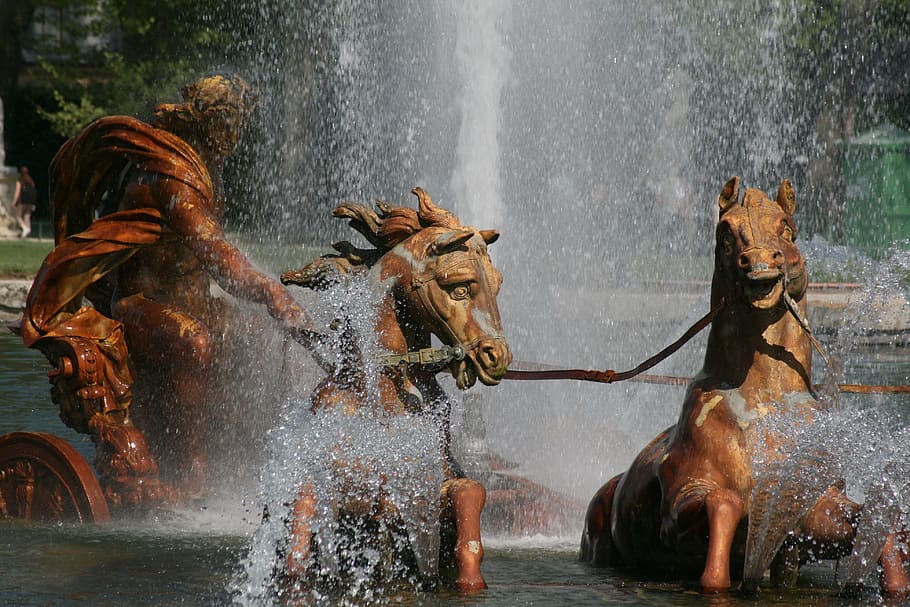 two horses fountain, apollo god, horses, fountain, versailles, paris, france, 1668-1671, castle park of versailles, basin of apollo chariot