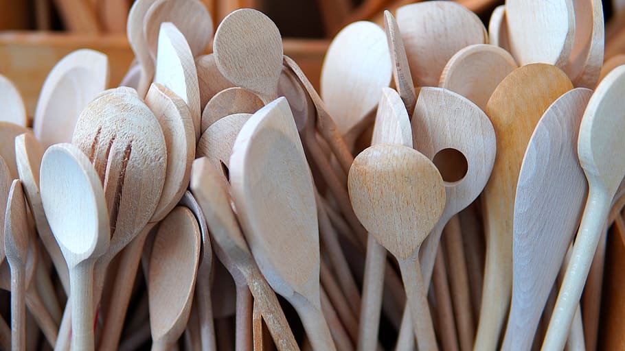 wooden spoon, wood, cook, spoon, kitchen, stir, woods, wood - material, kitchen utensil, large group of objects