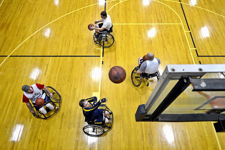 four, person, riding, wheelchairs, playing, basketball, court, shooting, ball, players