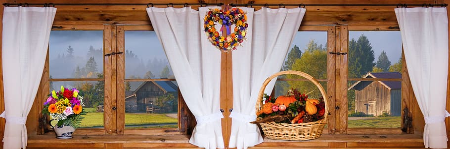basket near window, nature, landscape, autumn, autumn beginning, fog, mountains, bavaria, hut, window