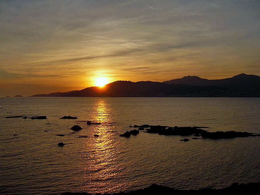 corsican, ajaccio, sunset, bloodthirsty, sea, cloudy sky, sky, water, scenics - nature, beauty in nature