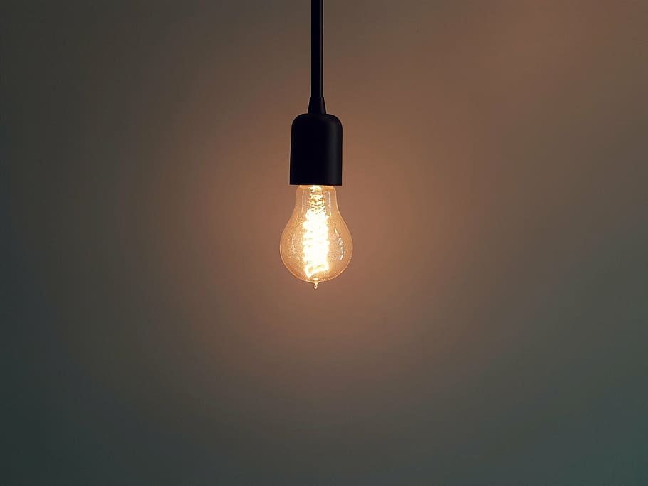 turned-on bulb, lit, incandescent, bulb, light, lamp, wire, electricity, hanging, light bulb