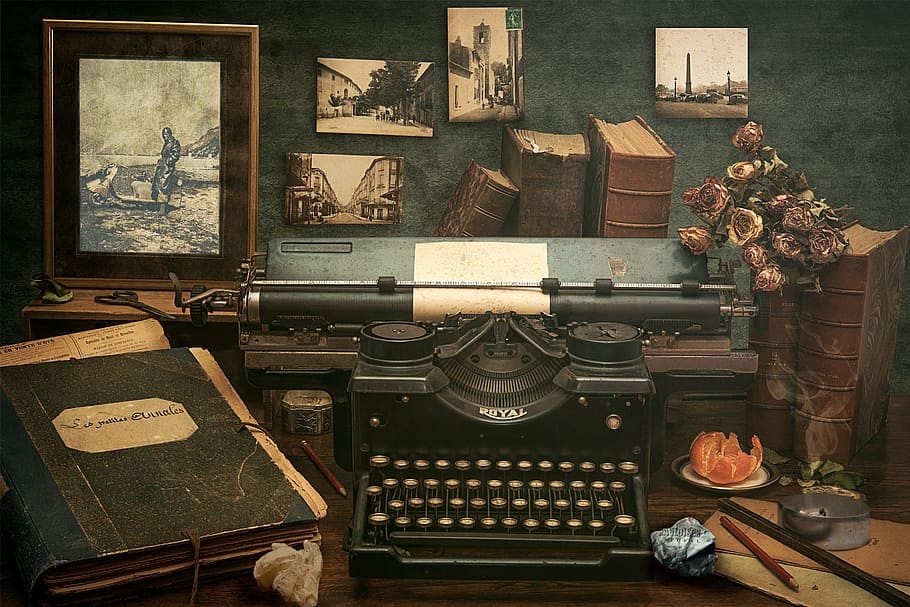 negro, real, máquina de escribir, al lado, libro, mesa, ex, tipo, antiguo, retro