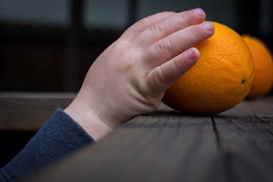 hand, grabbing, taking, orange, child, reaching, fruit, citrus fruit, healthy eating, food