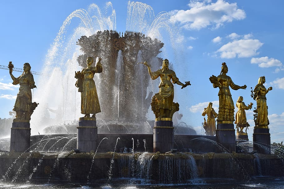 enea, moscow, russia, fountain, friendship, beautiful, water, sculpture, statue, representation