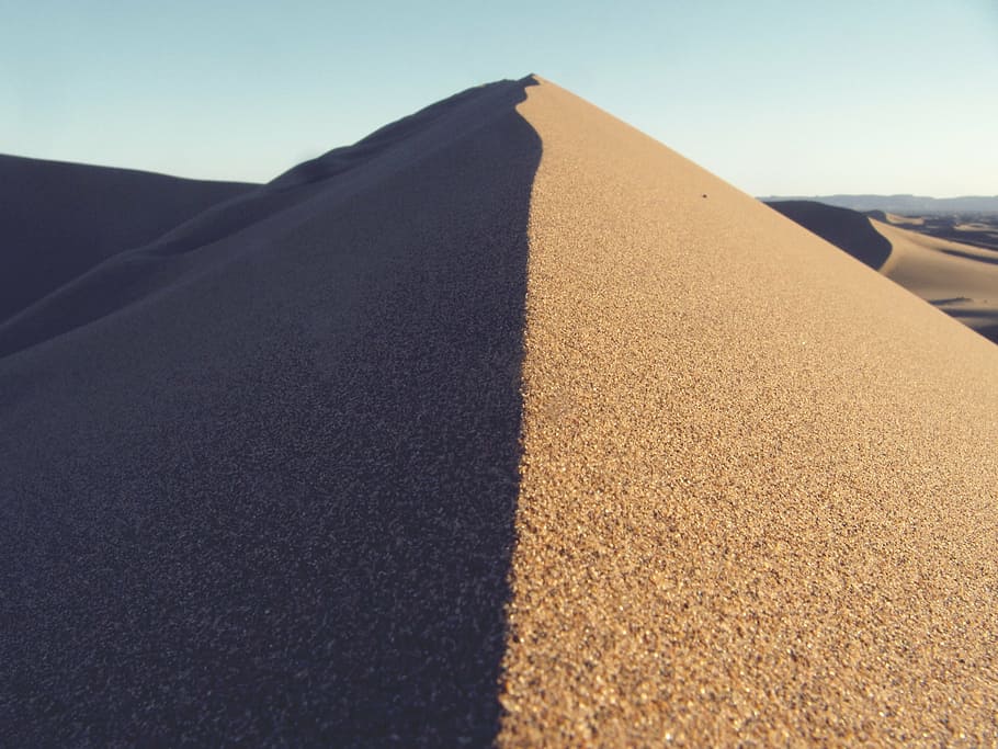 grey desert sand, sand, dunes, desert, hills, outdoors, day, landscape, clear sky, sky
